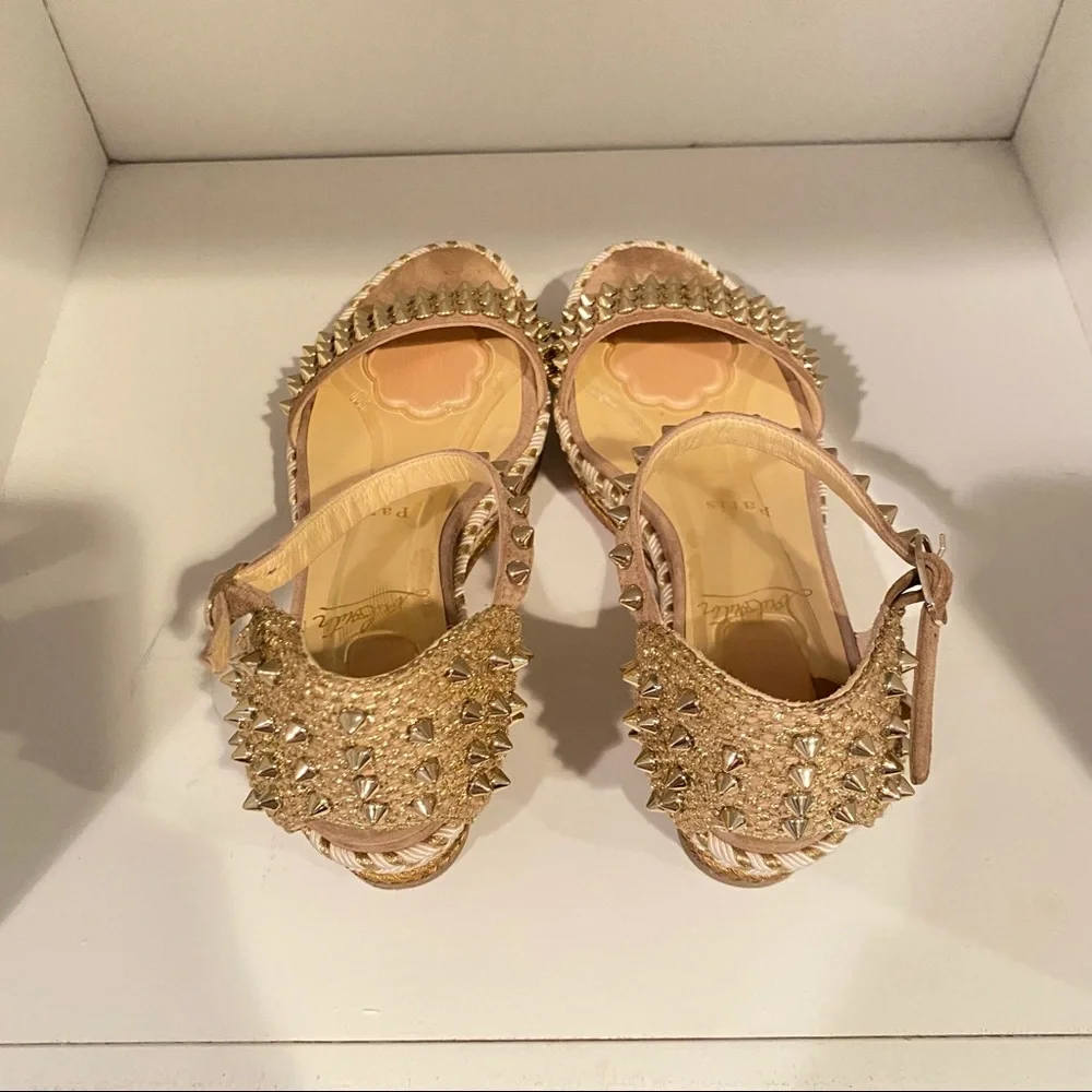 ❤️ Sold Christian louboutin Madmonica Espadrilles Wedge Sandals Spike Gold - Picture 8 of 14